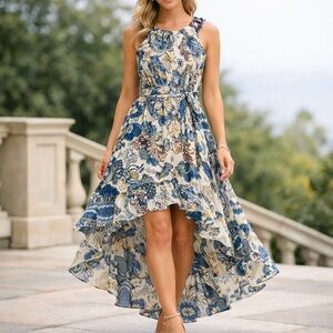 Kobi Halperin NWT Blue Cream Floral Hi Lo Maxi Dress Beaded Strap NWT Size S